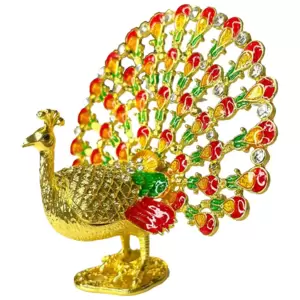 Gold Plated Crystal Enameled Peacock Figurine Trinket B...