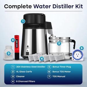 Countertop Water Distiller Machine- Stainless Steel Distilled Water Maker- Water Distillers for Home Countertop- 4L Complete Distilled Water Machine Kit w/Outlet Timer, TDS Meter, 6 Filters & Cleaner